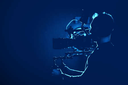Motion Picture Digital Camera Operator Taking Shot Inside Dark Blue Illuminated TV Studio....