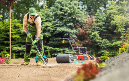 Caucasian Garden Specialist with Rake Preparing Soil For Natural Grass Turfs Installation....