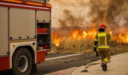Firefighters Walking Next to Firetruck During Emergency Call. Burning Grassland Call.
