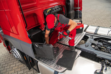 Caucasian Heavy Duty Vehicle Engineer Sitting on the Back of a Red Semi Truck Taking Necessary Tools...