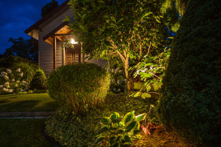 Beautifully Illuminated Backyard of Residential House. Landscape Garden with Ambient Lighting System...