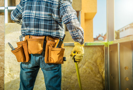Rear View Photo of Professional Carpentry Worker with a Tape Measure Estimating Spacing Between...