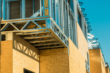 Modern Style Residential Houses Estate Under Construction. Closeup of Steel Framing Structure of...