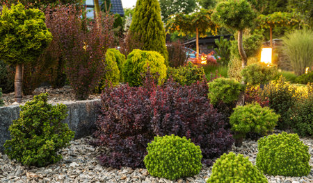 Mature Residential Rockery Garden Illuminated by LED Lighting. Gardening and Landscaping Theme.