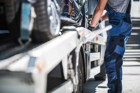 Professional Repo Worker Securing Car on a Towing Truck.の写真素材
