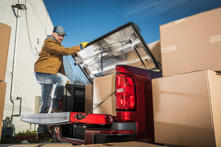 Caucasian Relocation Company Worker Packing Client's Cardboard Moving Boxes Into the Trunk of His Red Pickup Truck. Transportation Services.の写真素材