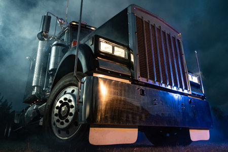 Retro Semi Truck Tractor Night Time Bluish Illumination and Foggy Atmosphere. Trucking Concept....