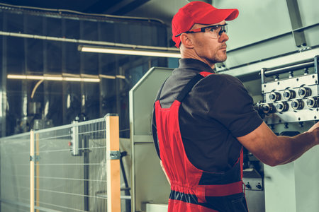 Automatic Metal Wire Bending Machine Operator in His 40s. Professional Production Automation...