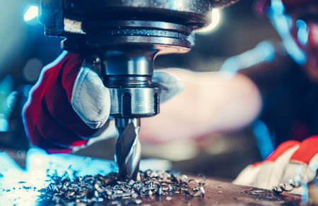 Metal Drilling Metalworking Job. Professional Milling Machine Operator. industrial theme.