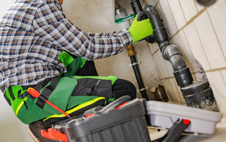 Caucasian Professional Plumber Draining Wastewater Pipeline.の写真素材