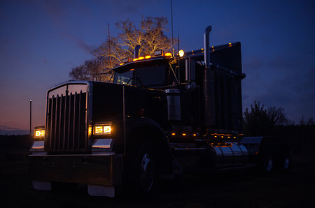 Industry. Classic American Semi Truck Tractor in Scenic Dusk Light. All Outside Vehicle Lights On.の写真素材