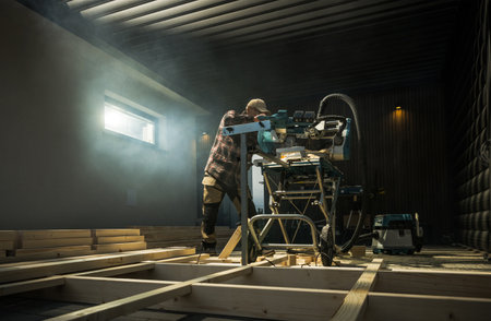 Skilled Man Building Wooden Garden Shed Frame. Trimming Wood Beams Using Cordless Modern Saw....