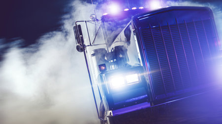 American Classic Semi Truck Drive Out of Smoke at Night. Truckers Theme.の写真素材