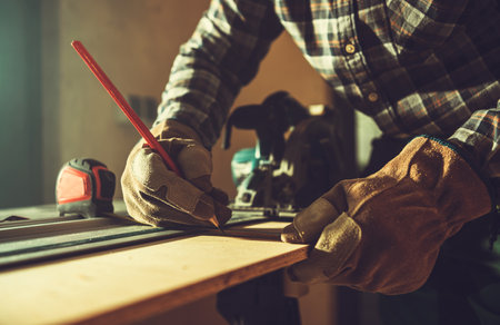 General Construction Worker Working on His Woodwork Project Inside a Small Shed.の写真素材