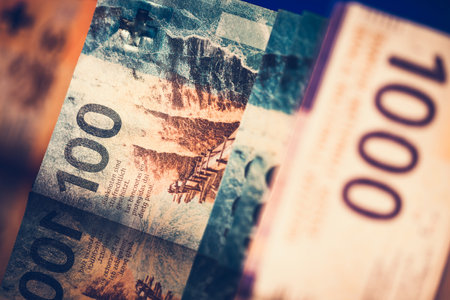 Switzerland Currency Theme. One Hundred Swiss Franc Banknotes Close Up Photo.の写真素材