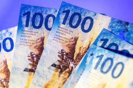 Few One Hundred Swiss Franc Banknotes Close Up Photo.の写真素材