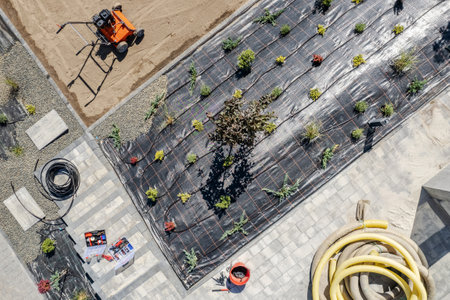 Back Yard Garden Drip Irrigation System Building Aerial View. Rockery Garden Automatic Watering...