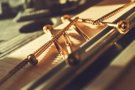 Construction Wood Screws on a Table Close Up. Industrial Fasteners.の写真素材