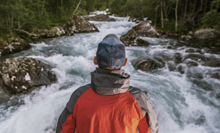 Caucasian Man Facing Wilderness River and Getting Ready For the New Adventure.の写真素材