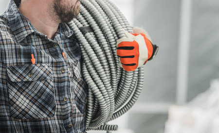 Caucasian Electrician in His 30s Moving Electric System Elements on a Site. Electric Industry Theme.