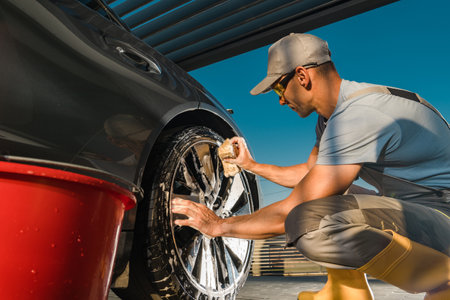 Caucasian Worker Cleaning Modern Vehicle Alloy Wheels Using Pro Detergent Inside a Carportの写真素材