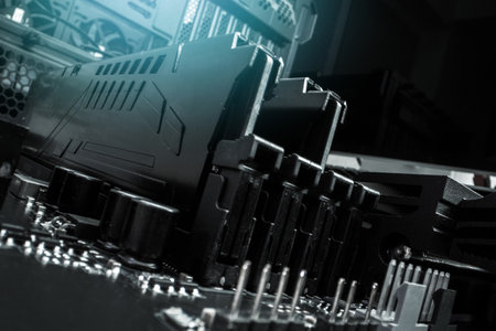 RAM Random Access Memory Modules Installed in a Modern Computer Motherboard Slots. Close Up Photo.