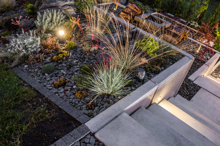 Gardening and Landscaping Industry Theme. Rockery Garden Illuminated by Weather Proof Outdoor LED...