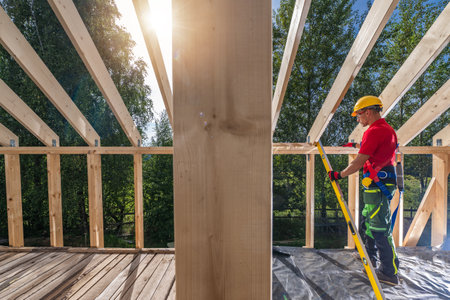Wooden House Skeleton Frame Building by Professional Construction Contractor. Industrial Themeの写真素材