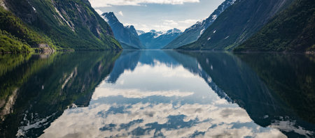 Scenic Norwegian Summer Landscape with the Lake Reflection and Surrounding Mountains