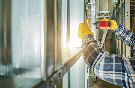 Construction Contractor Worker with Drill Driver Building Metal House Frame