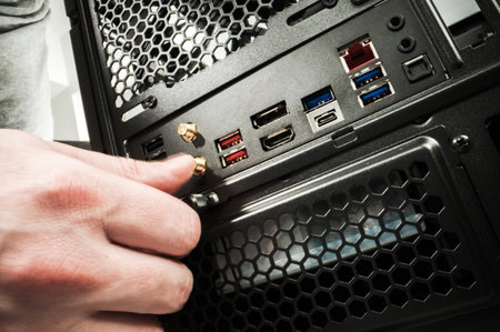 Building New Modern Computer. Rear Machine Side with All Necessary Ports.