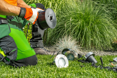 Professional Landscaper Installing Outdoor Garden LED Lighting Systemの写真素材