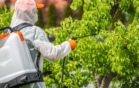 Professional Gardener Wearing Protection Clothing Insecticide Garden Trees Using a Sprayerの写真素材