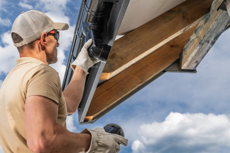 Man working on rooftop installing gutter system.