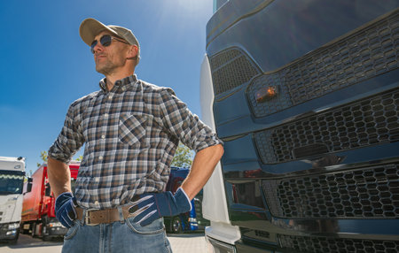 Caucasian trucker in his 40s standing next to a truck during summer day.