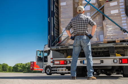 Trucker standing and looking at the rear of a trailer truck loaded with cargo.の写真素材