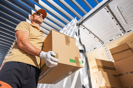 Courier in a yellow shirt and white gloves holding a box with a serious expression on his face.