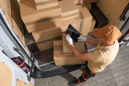Courier is actively unloading shipping boxes from the back of a truck onto the ground.