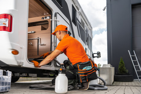 RV rental company worker is cleaning the interior of a recreational vehicleの写真素材