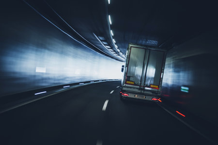 A large semi-truck travels through a dark, concrete tunnel. Motion Blurred. Transportation industry theme.の写真素材