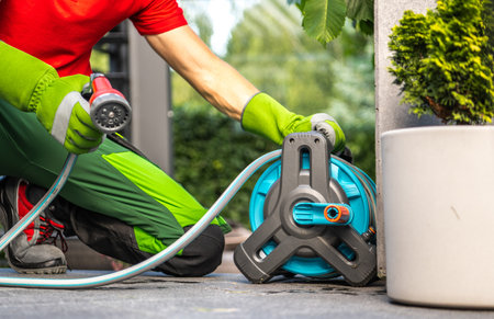 A man in green pants and a red shirt waters plants using a hose and a hose reel. He is kneeling on a...