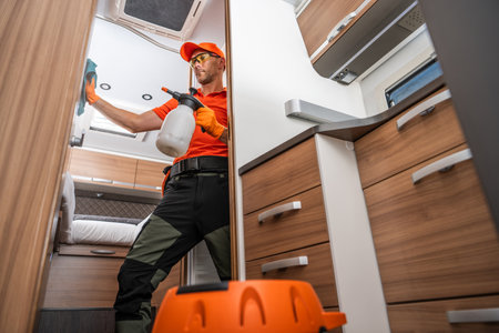 A person cleaning the interior of a recreational vehicle. Using a spray bottle and cloth, they focus on maintaining cleanliness in a narrow space filled with wooden storage cabinets and a bed.の写真素材