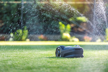 An automated lawnmower navigates across lush green grass, with water spraying gently from sprinklers. The sunlight filters through the trees, casting a serene atmosphere in the well-maintained backyard.の写真素材