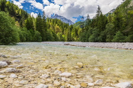 Soca River Flowing Through Lush Forest Surrounded by Majestic Mountains of Sloveniaの写真素材