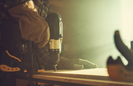 A skilled craftsman operates a power drill on a wooden surface, illuminated by warm lighting, creating a focused atmosphere in the workshop.の写真素材