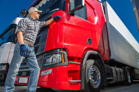 A truck driver examines the side of a red truck while standing in a freight yard under clear blue skies.の写真素材
