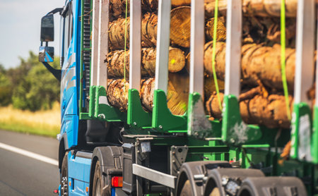 A blue truck loaded with logs drives on a rural highway under clear skies, showcasing a common transport scene.の写真素材