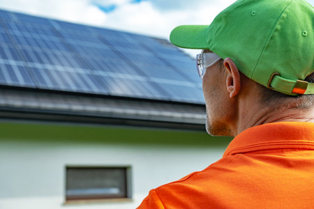 A man wearing a green cap and protective glasses examines solar panels on a home roof under a bright...