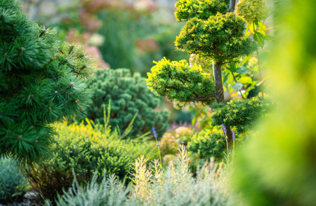 A vibrant garden showcases an array of lush plants and trees, illuminated by bright sunlight, creating a tranquil atmosphere perfect for relaxation.の写真素材
