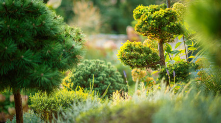 Various types of greenery create a serene atmosphere in a beautifully manicured garden, showing unique shapes and vibrant colors during the day.の写真素材